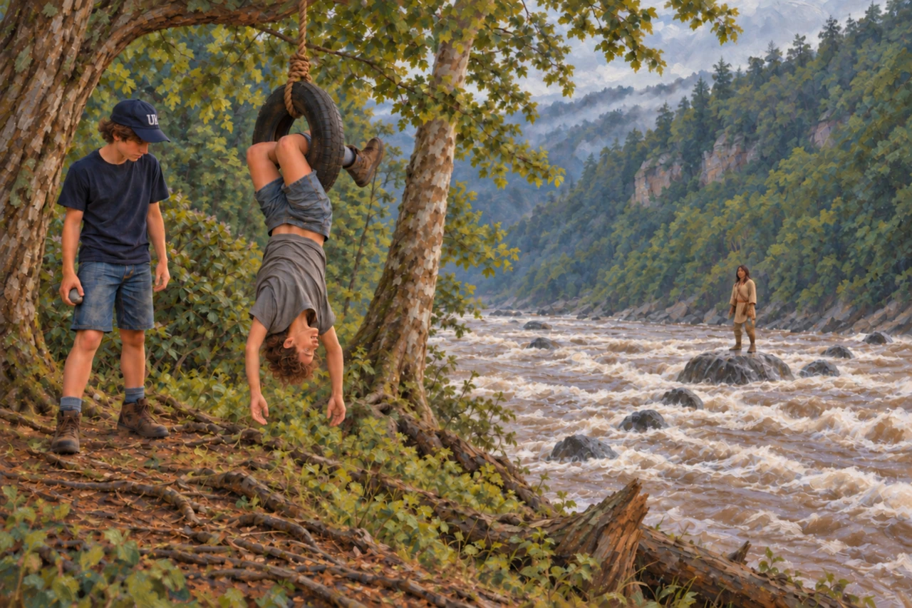 Luke hangs upside down from a tire swing while a distant boy stands on a river rock, with Cory nearby on the bank.