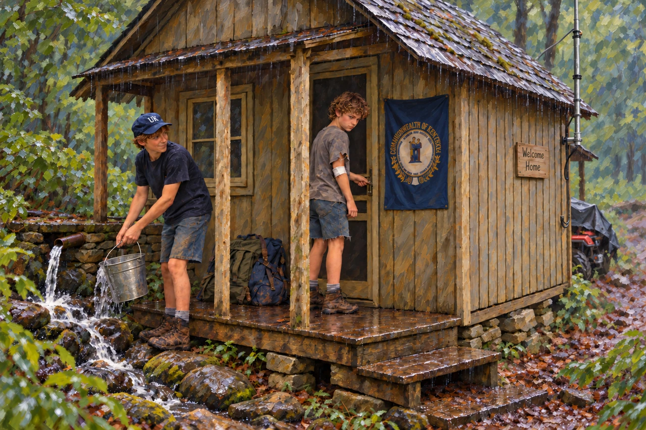 Luke opens the cabin door while Cory fills a metal pail beside the porch in the rain.