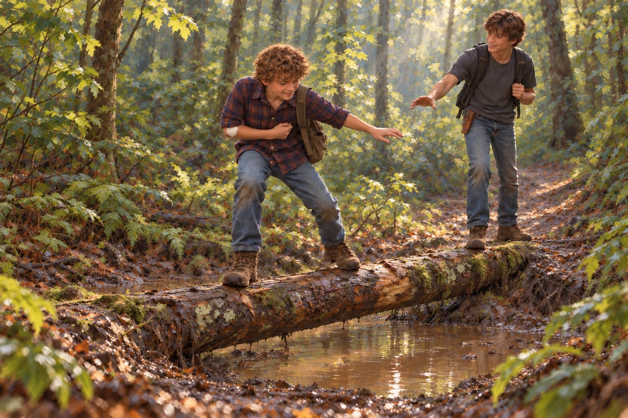 Luke balances on a fallen log as Cory reaches toward him on a forest trail.