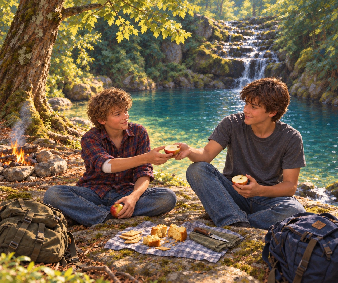 Luke and Cory compare halves of an apple during a picnic beside the spring.
