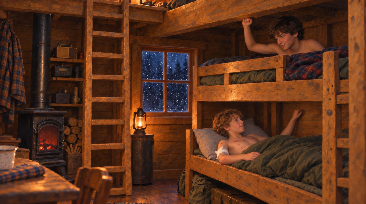 Luke in the lower bunk looks up at Cory as he taps the wood above him on a rainy night.