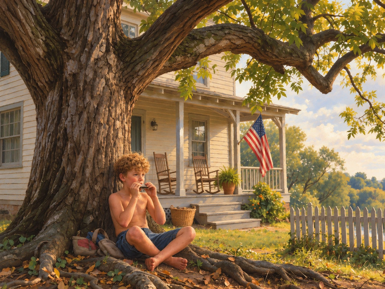 Luke plays his harmonica beneath the great walnut beside the Ruperts’ porch.