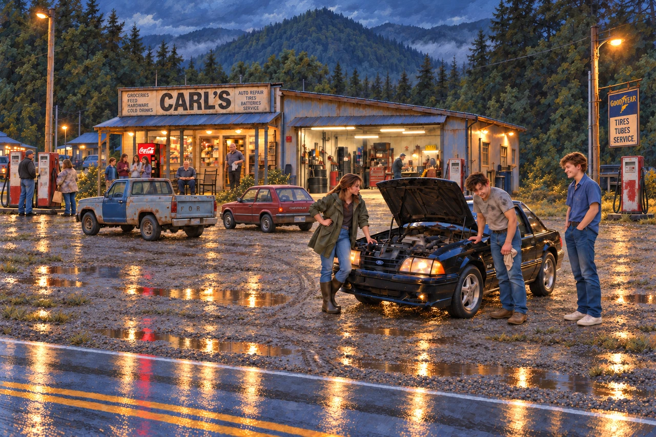 Emergency vehicles gather outside Carl’s in the rain beneath the wooded hills.