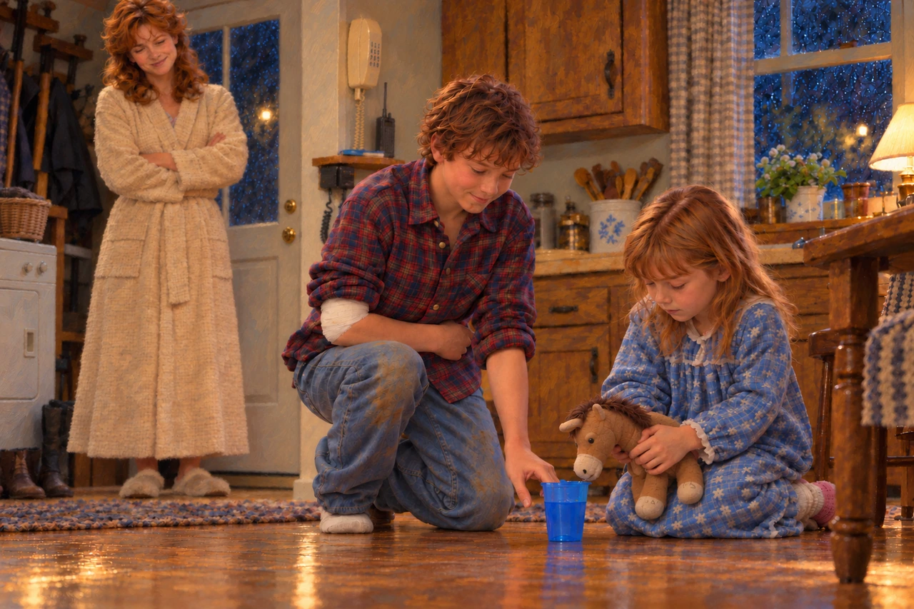 Luke and a little girl kneel beside her toy horse and a blue cup while Ramona watches in the kitchen.