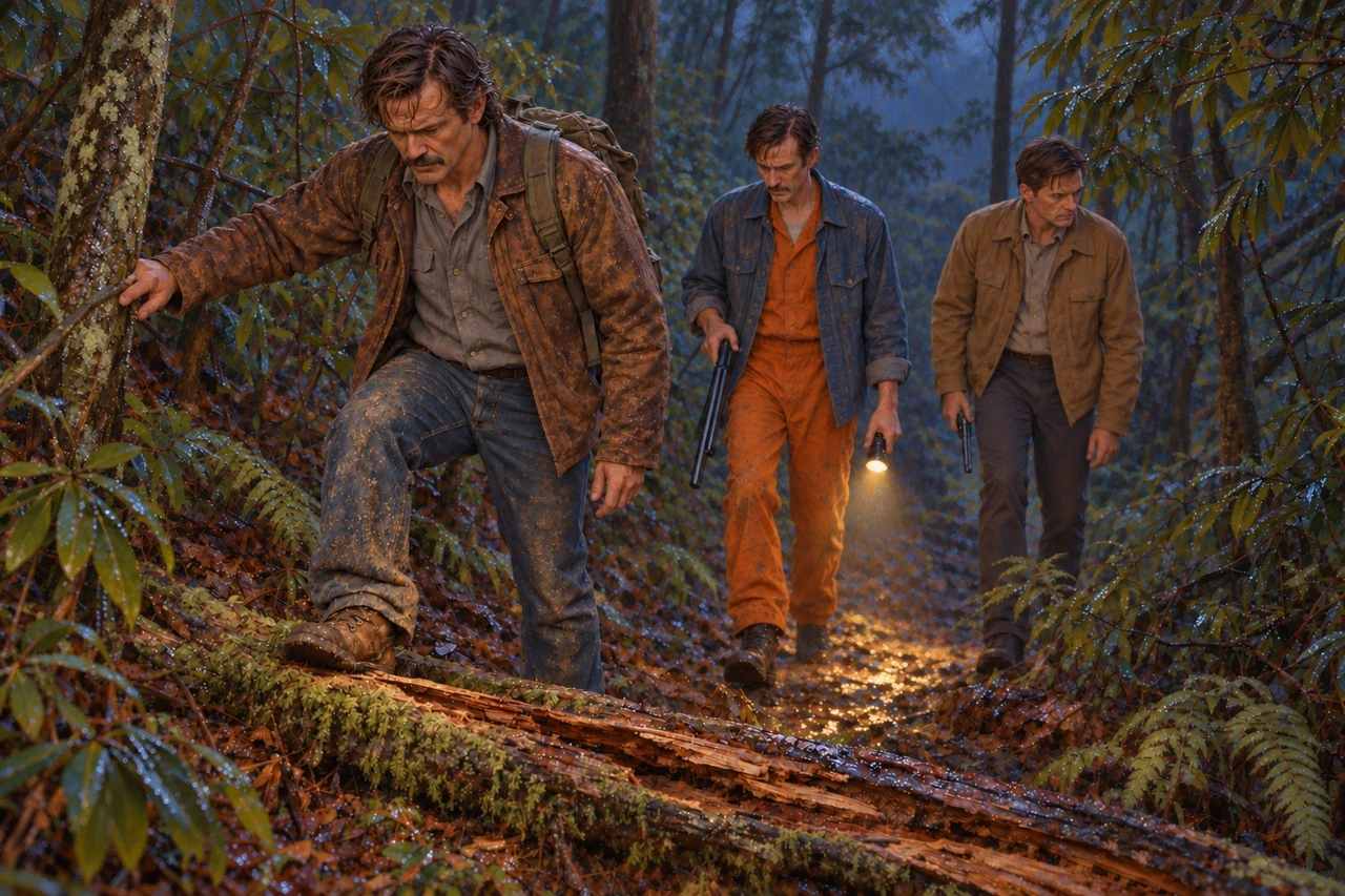 Three men follow a rain-soaked wooded trail; Frank leads while two escaped prisoners follow with weapons.
