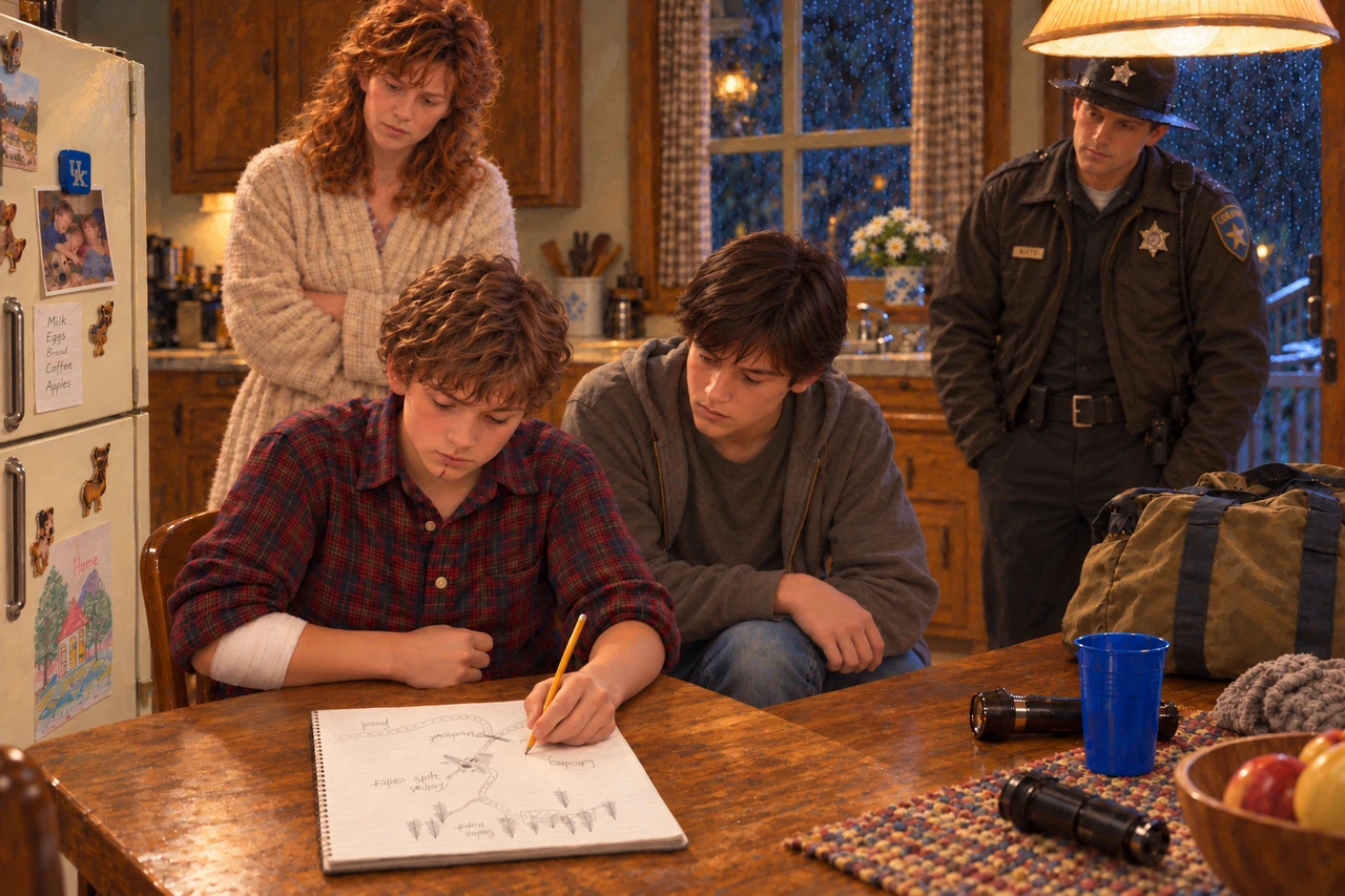 Luke draws a map at the kitchen table beside Cory as Ramona and an officer watch.