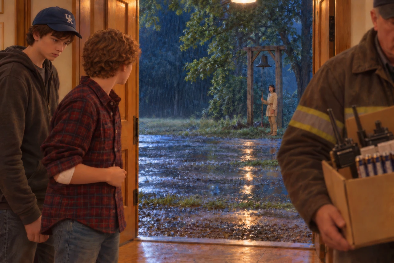 Luke looks through the doorway toward a boy beneath the school bell while Cory stands beside him.