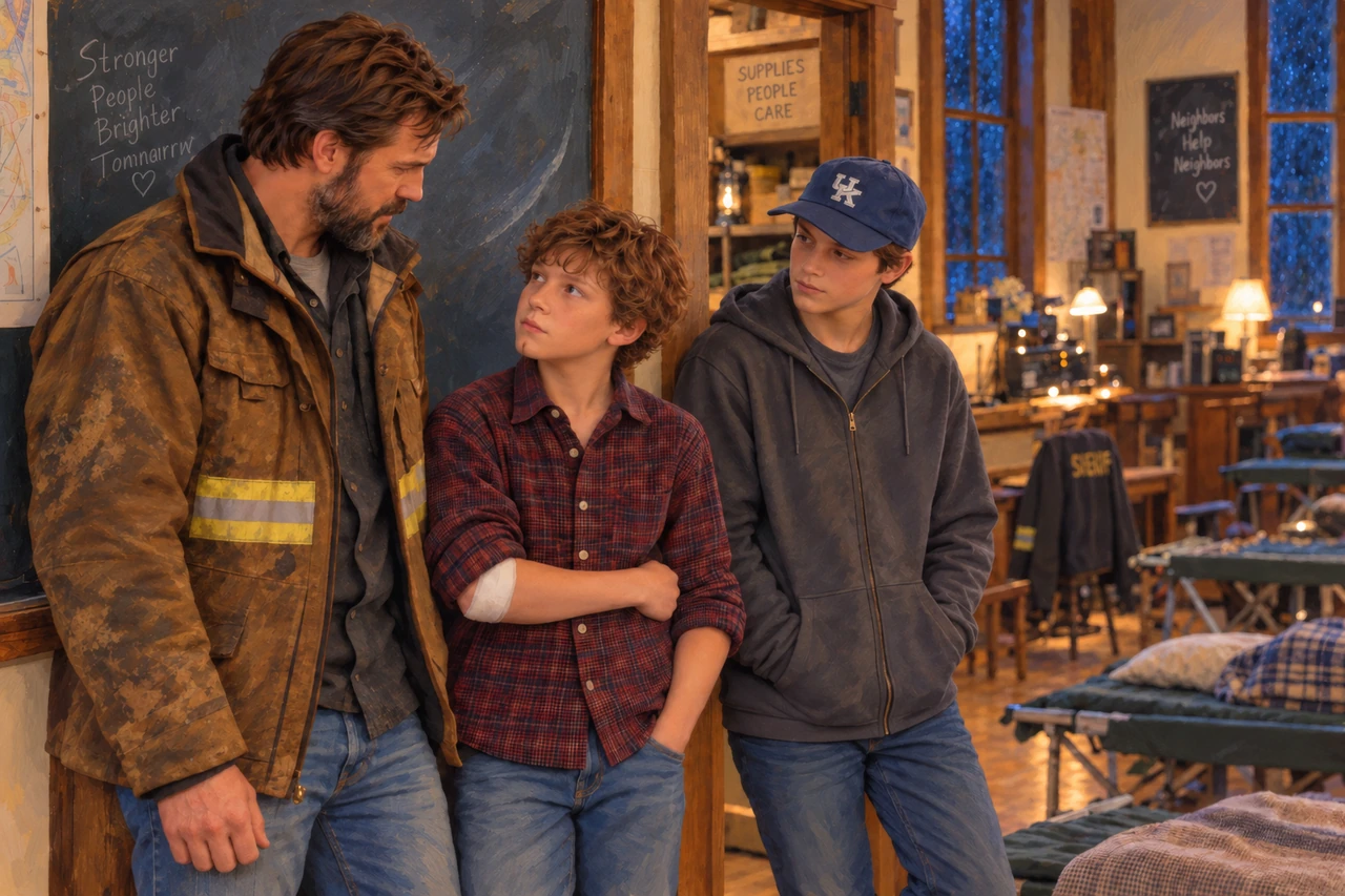 James speaks with Luke and Cory beside a schoolroom chalkboard during the storm.
