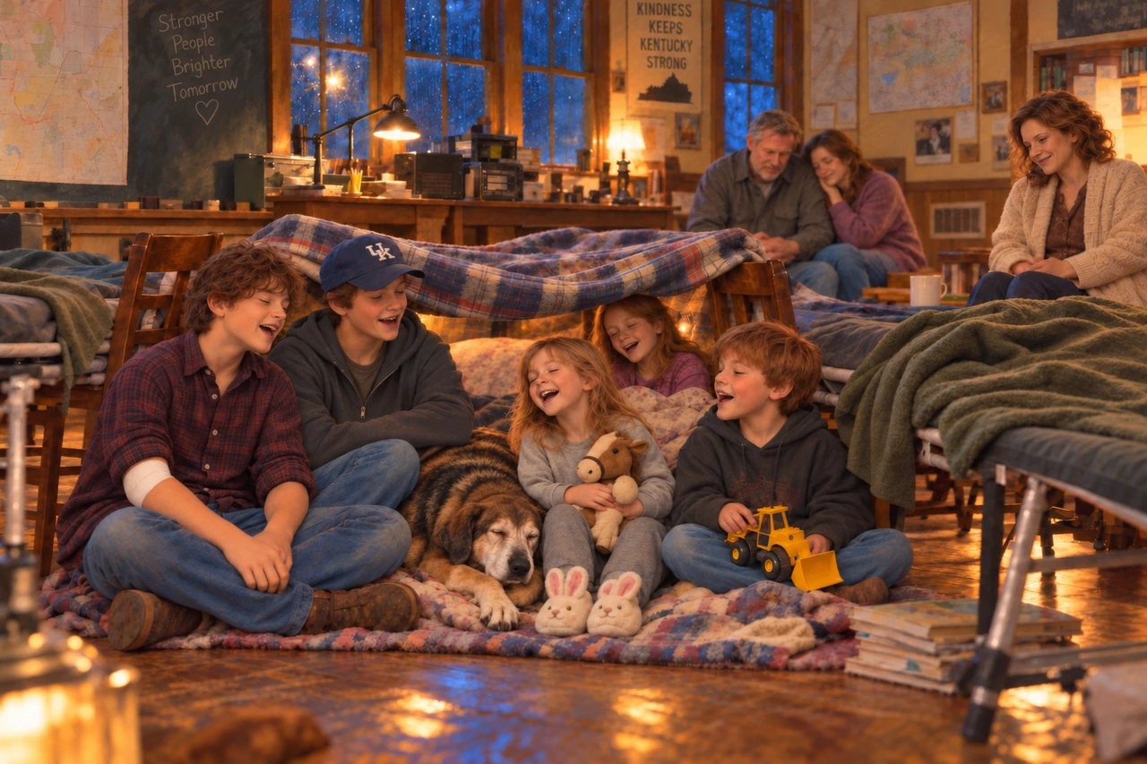 Luke, Cory, and younger children sing beside Blue beneath a blanket shelter in the schoolroom.