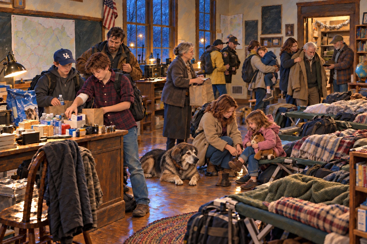 Families pack supplies and help children prepare to leave the school shelter.