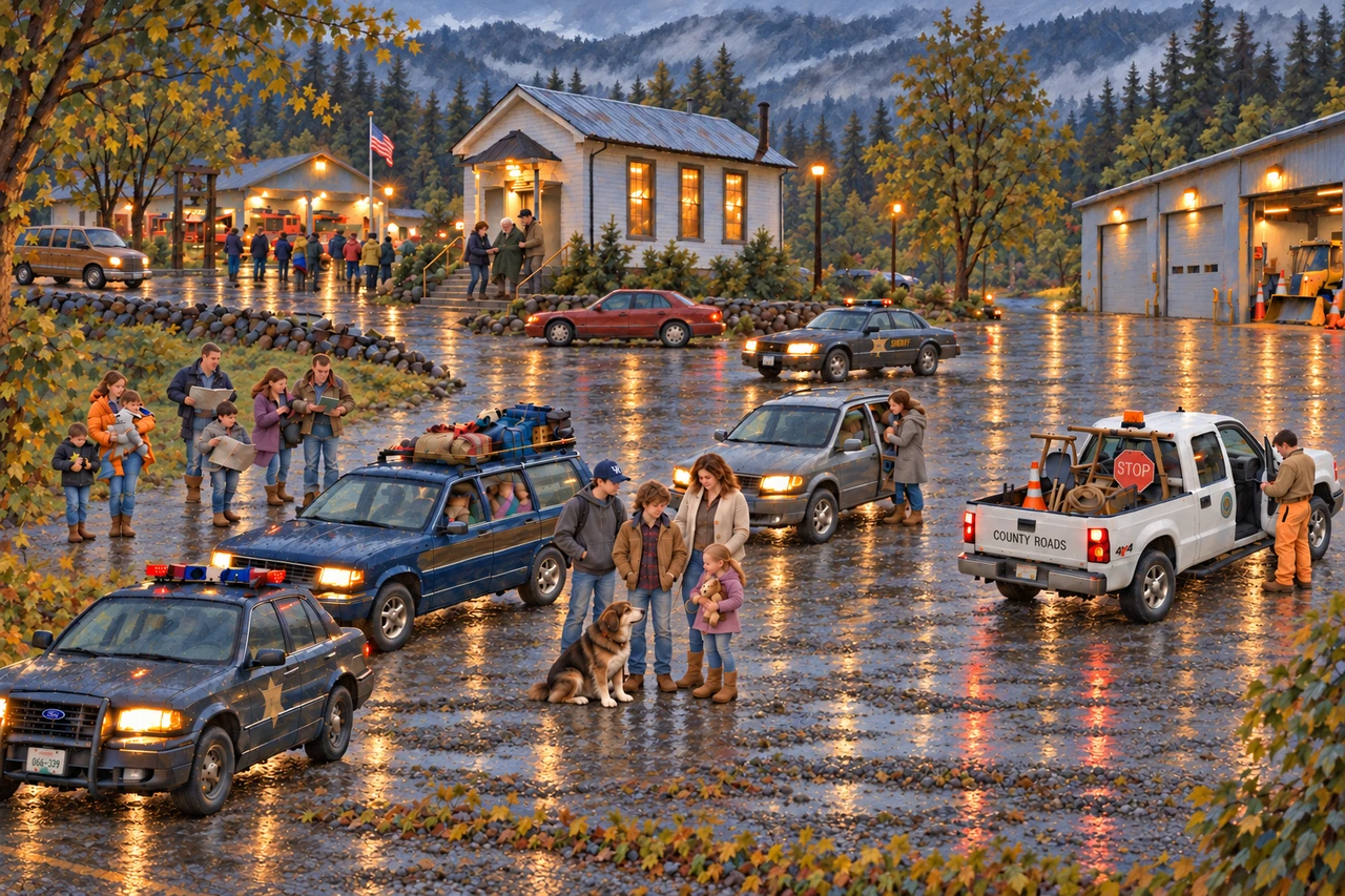 Families, Blue, Luke, and Cory gather among vehicles in the wet schoolyard.