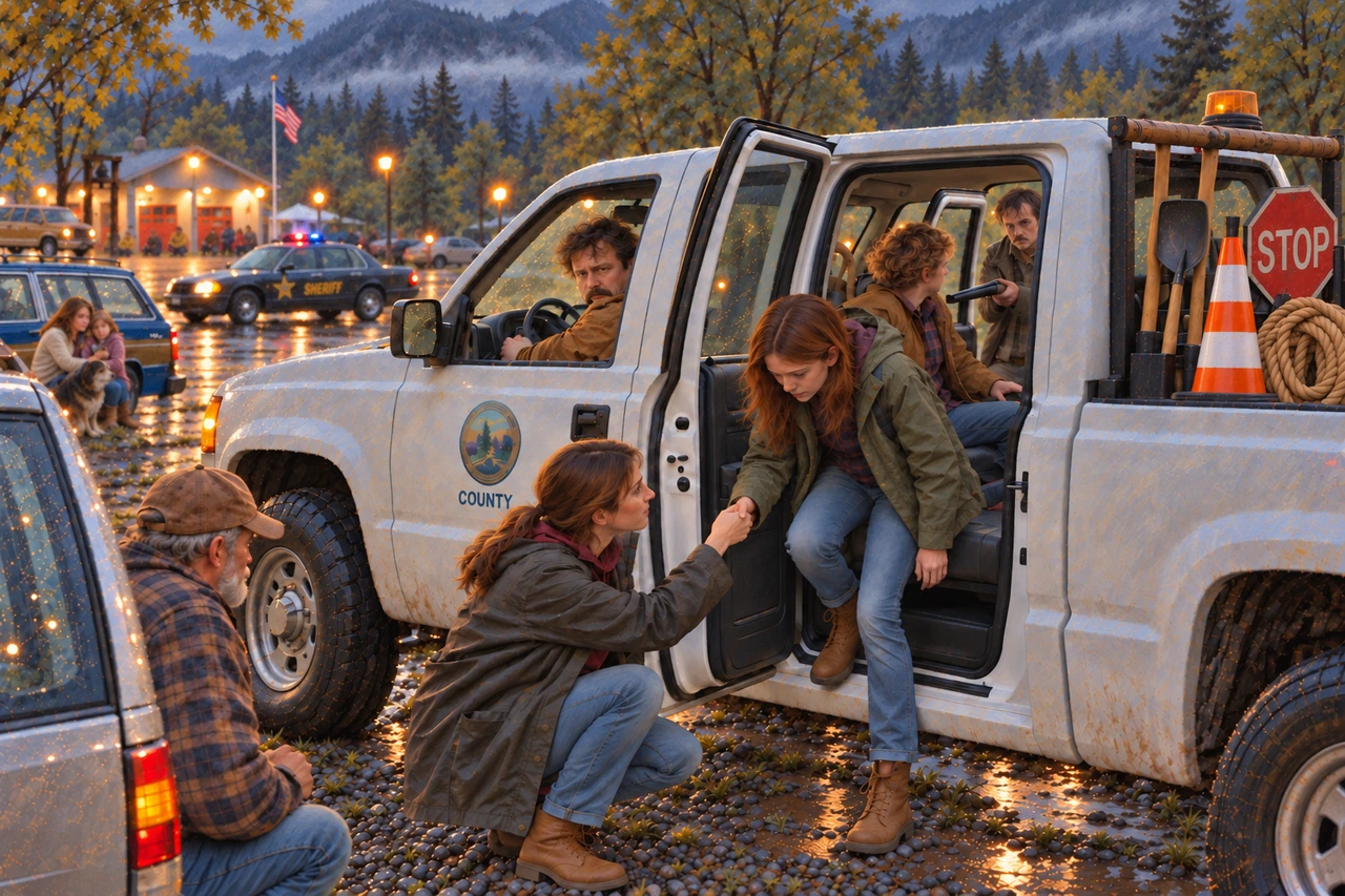 Shelly helps a girl out of a county-roads truck while Luke remains inside with an armed man.