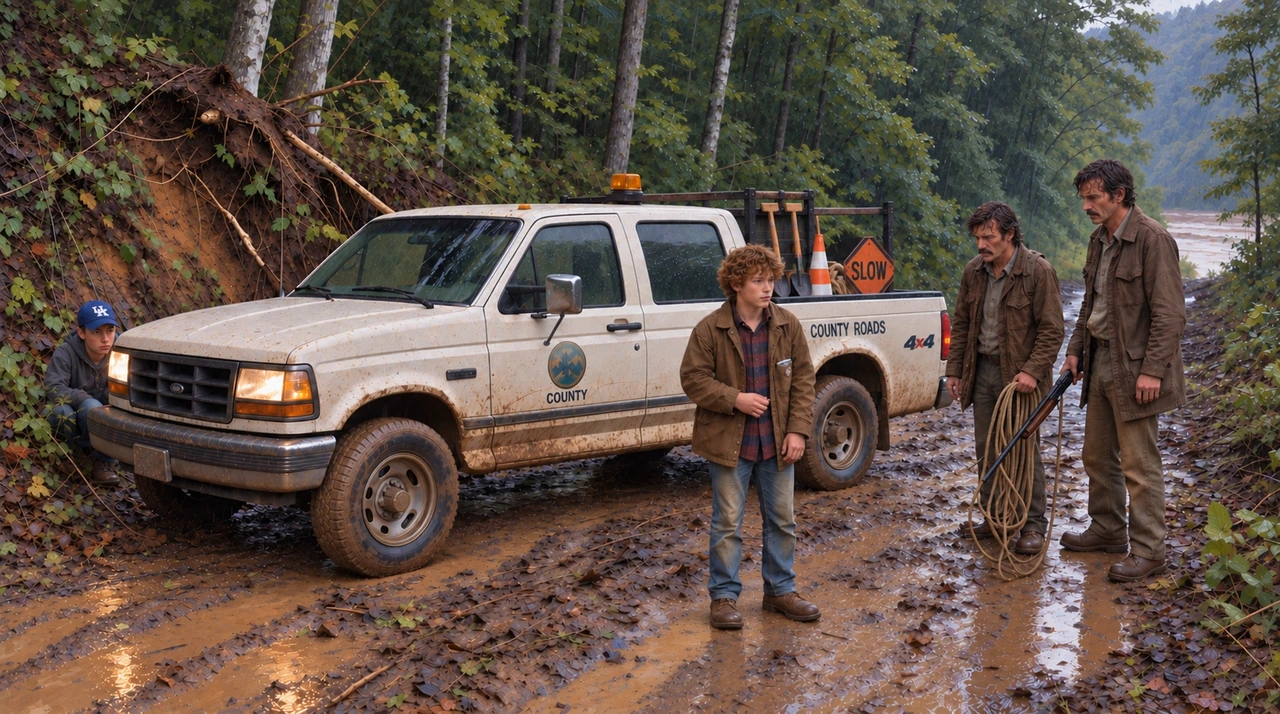Luke stands near the truck between two men while Cory crouches beside its front bumper.