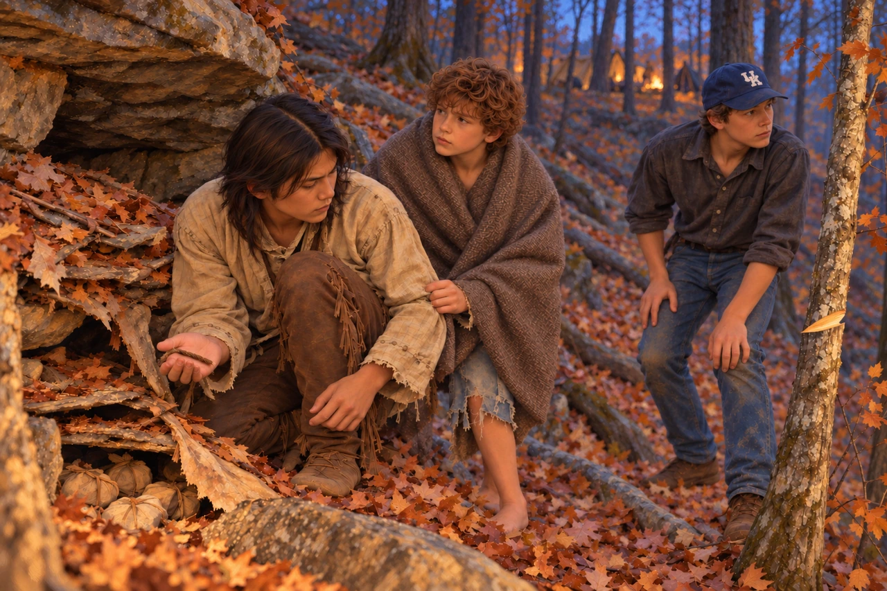 Anthony, Luke wrapped in a blanket, and Cory pause among autumn leaves beside a rocky shelter.