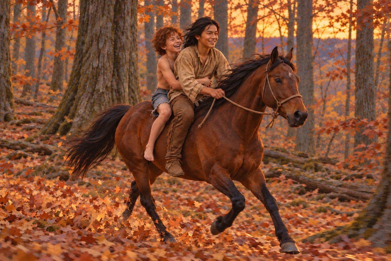 Luke laughs behind Anthony as they ride a bay mare through the autumn woods.