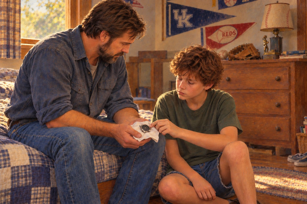 James and Luke examine a wristwatch together in a bedroom.