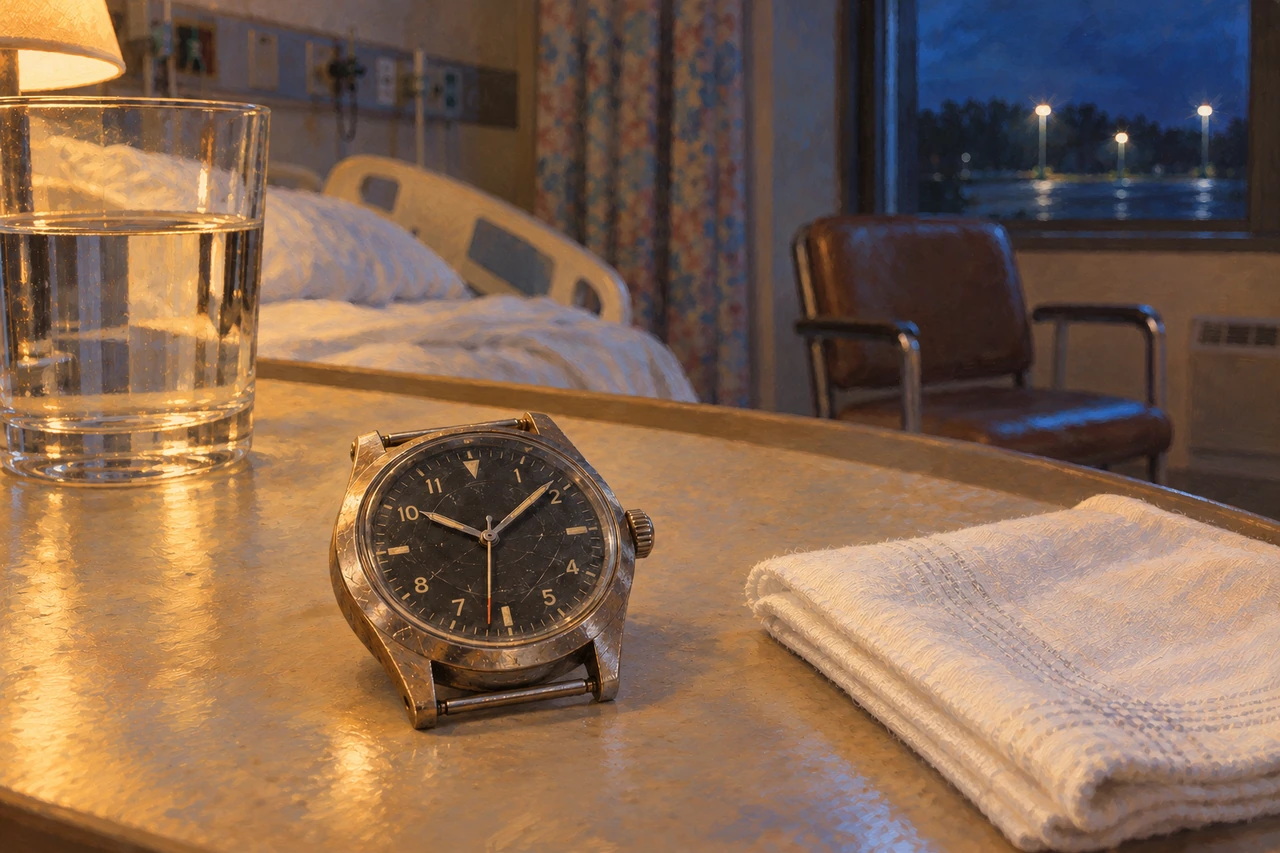 A worn wristwatch rests beside a glass of water and folded cloth in a quiet hospital room.