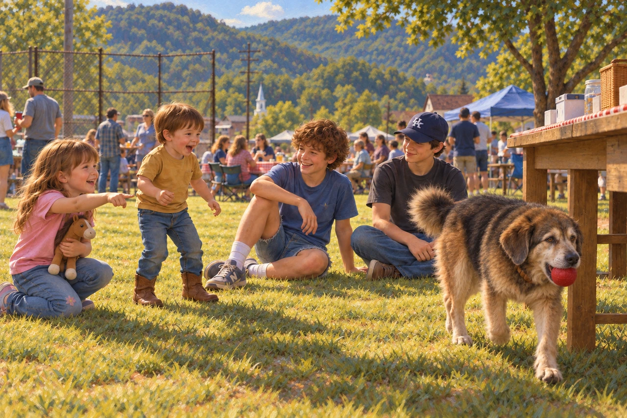 Luke, Cory, and two younger children laugh beside Blue at a sunny outdoor gathering.