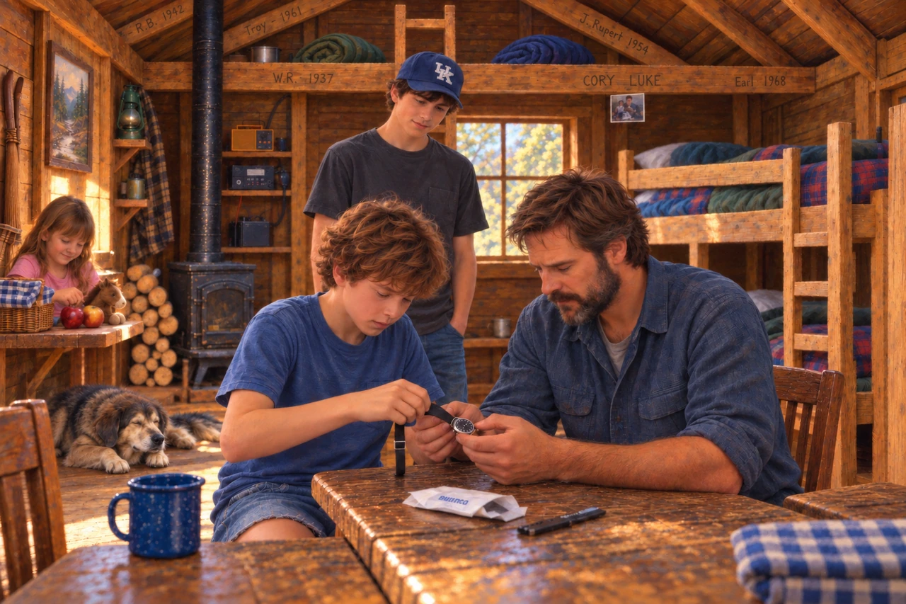 James helps Luke with the watch strap at the cabin table while Cory, Julie, and Blue are nearby.