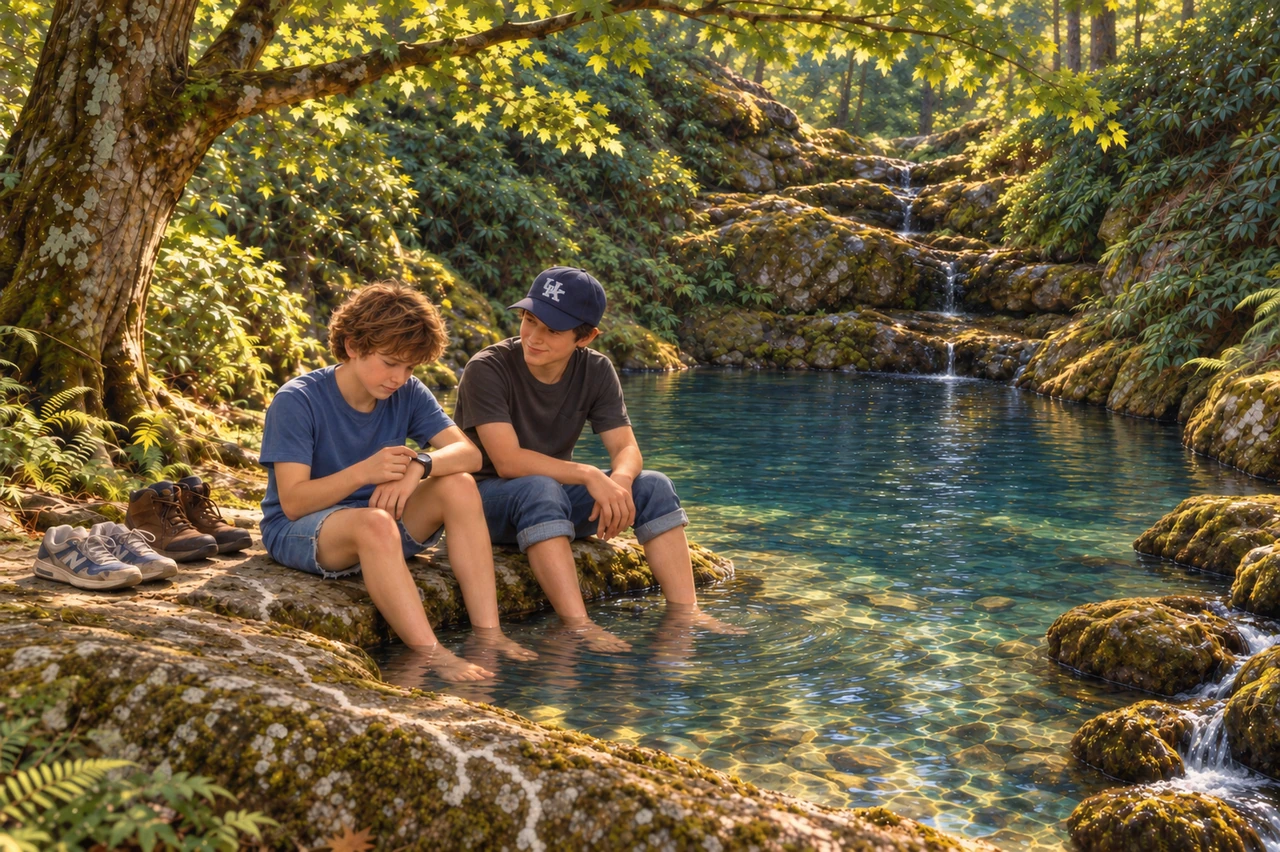 Luke looks at his watch while sitting beside Cory at a quiet woodland pool.